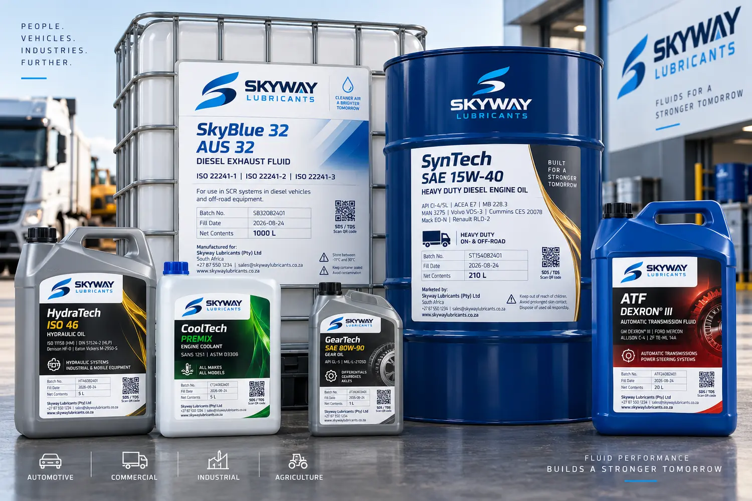 Skyway range showing SkyBlue 32, engine oil, hydraulic oil, coolant, grease and automatic transmission fluid